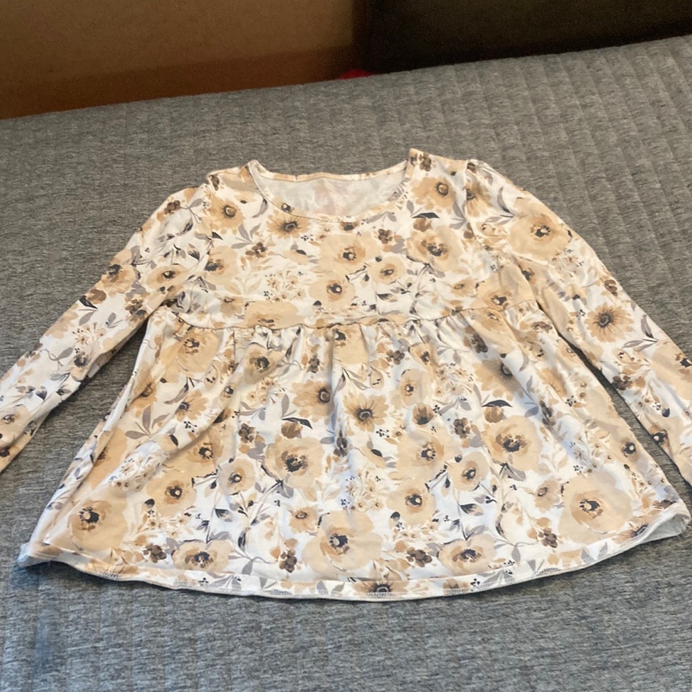 Shabby Chic Cream and Tan Long Sleeve Tee with Flowy Design